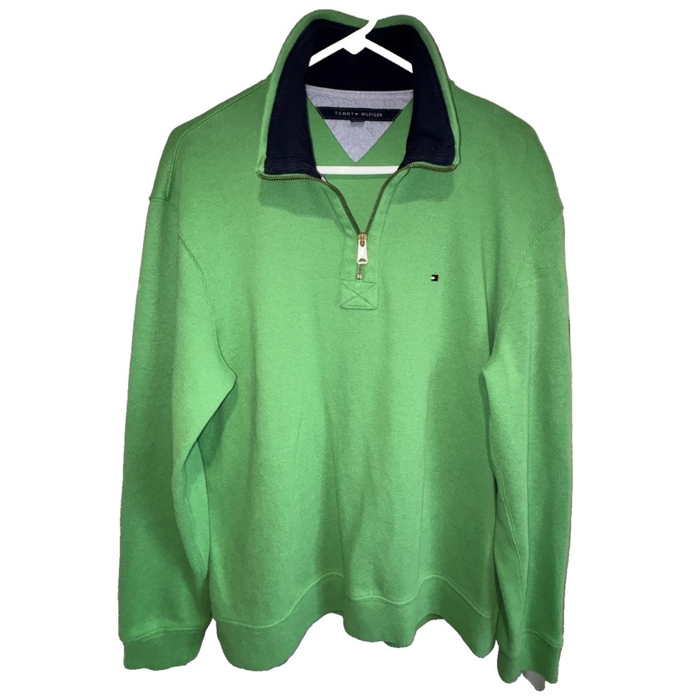 Tommy Hilfiger  1/4 Zip Sweater Men's Medium Green‎ Pullover High Collar Preppy